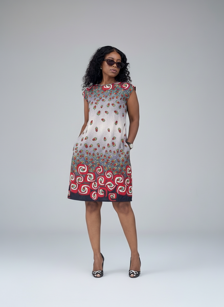 D18.1 - Sleeveless Shift Dress - Red teardrop motifs