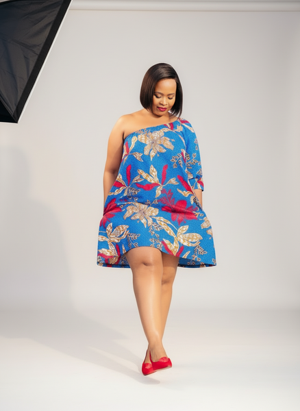 D13.2 - One Hand Mini dress (Blue African print with red & brown flowers)