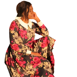 D6.2 Pleated Collar Dress - Black & Pink Floral