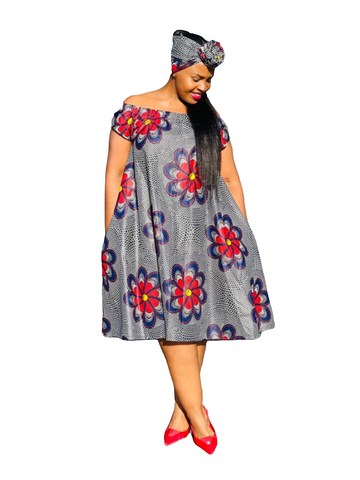 D16.1 - Off Shoulder Circle Midi Dress with elastic neck (Flower African Print) [NO DOEK]