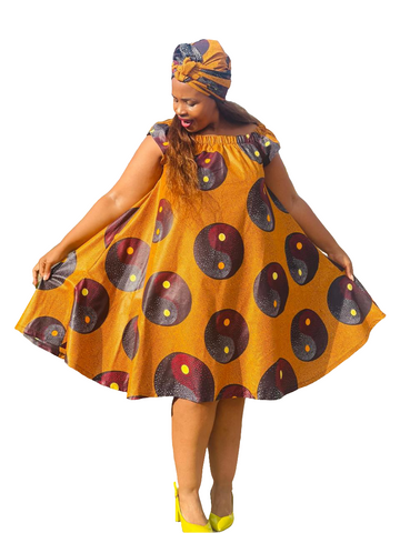 D16.3 - Off Shoulder Circle Midi Dress with elastic neck (Mustard with maroon/black/yellow dot  ) [WITH DOEK]