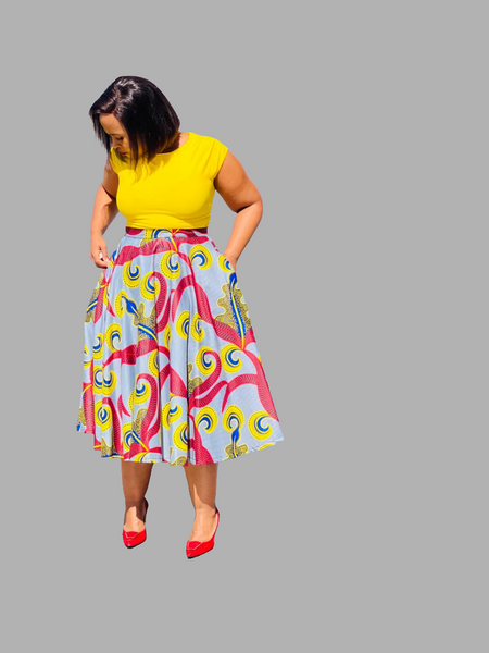 S4.3 Full Circle A-line Midi Skirt Swing - Multicolored African print