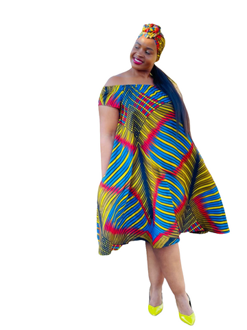 D16.2 - Off Shoulder Circle Midi Dress with elastic neck (Multicolored African Print) [NO DOEK]