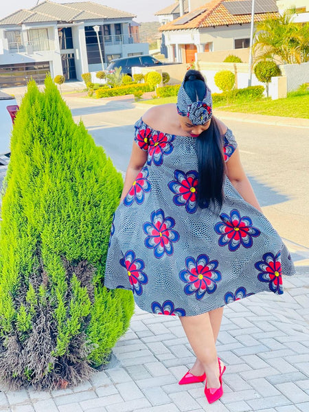D16.1 - Off Shoulder Circle Midi Dress with elastic neck (Flower African Print) [WITH DOEK]