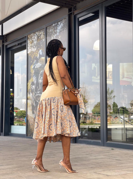 D17.1 - Fit & Flare with Asymmetric skirt (Mustard-marigold Bodice & Shweshwe print skirt)