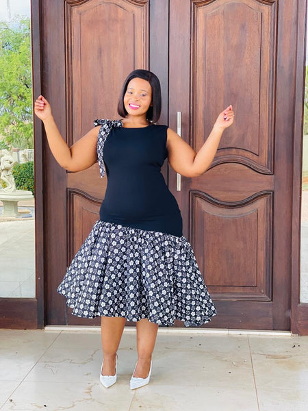 D17.2 - Fit & Flare with Asymmetric skirt (Black bodice with Black & white African print skirt)