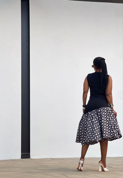 D17.2 - Fit & Flare with Asymmetric skirt (Black bodice with Black & white African print skirt)