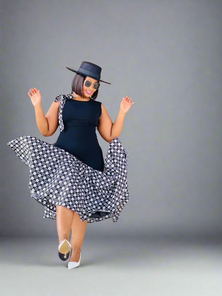 D17.2 - Fit & Flare with Asymmetric skirt (Black bodice with Black & white African print skirt)