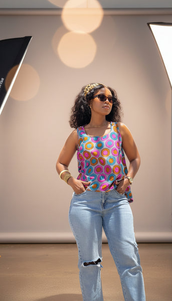 T15.1 High-Low Sleeveless Tank Top- Multicolor Circular Print