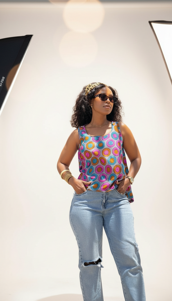 T15.1 High-Low Sleeveless Tank Top- Multicolor Circular Print