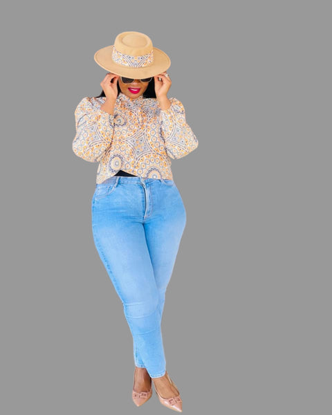 T14.1 Cross Over Long Sleeve Blouse - Shweshwe Print