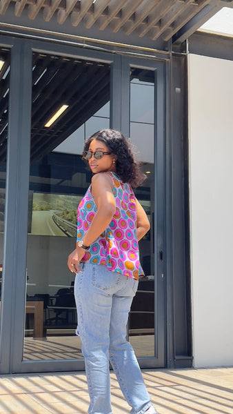 T15.1 High-Low Sleeveless Tank Top- Multicolor Circular Print