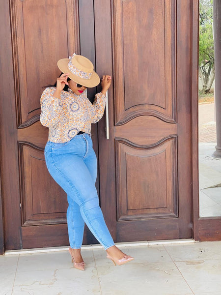 T14.1 Cross Over Long Sleeve Blouse - Shweshwe Print