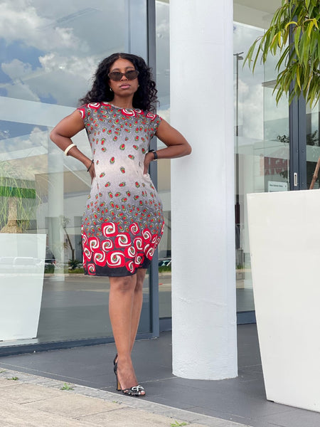 D18.1 - Sleeveless Shift Dress - Red teardrop motifs