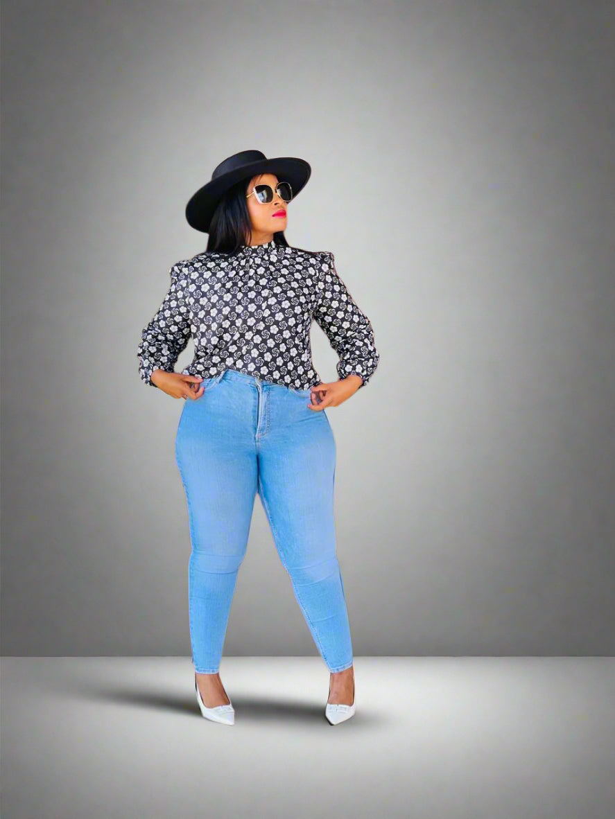 T14.2 Cross Over Long Sleeve Blouse - Black & White African Print