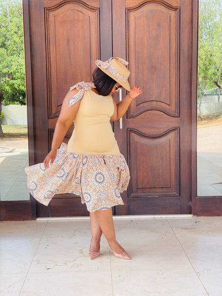 D17.1 - Fit & Flare with Asymmetric skirt (Mustard-marigold Bodice & Shweshwe print skirt)