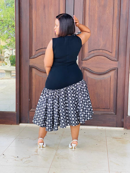 D17.2 - Fit & Flare with Asymmetric skirt (Black bodice with Black & white African print skirt)