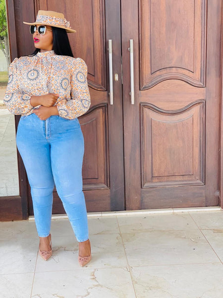 T14.1 Cross Over Long Sleeve Blouse - Shweshwe Print