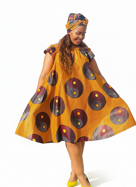 D16.3 - Off Shoulder Circle Midi Dress with elastic neck (Mustard with maroon/black/yellow dot  ) [WITH DOEK]