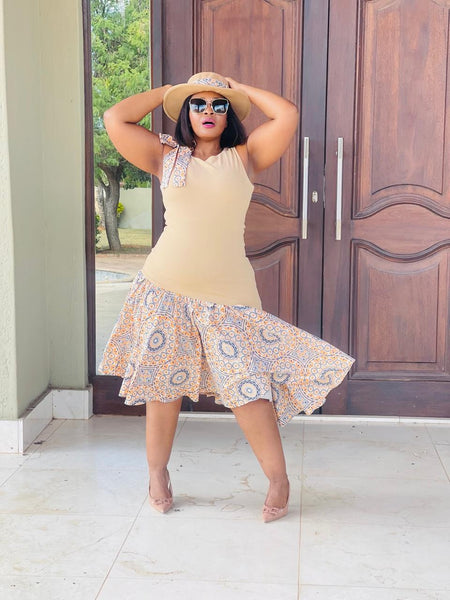 D17.1 - Fit & Flare with Asymmetric skirt (Mustard-marigold Bodice & Shweshwe print skirt)