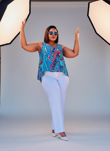 T15.2 High-Low Sleeveless Tank Top- Swirling abstract print in vibrant blue, red, and white tones