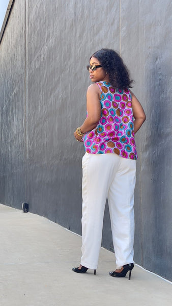 T15.1 High-Low Sleeveless Tank Top- Multicolor Circular Print