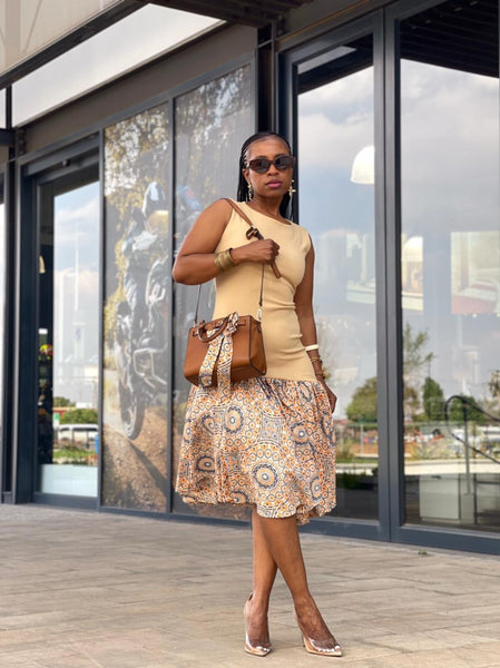 D17.1 - Fit & Flare with Asymmetric skirt (Mustard-marigold Bodice & Shweshwe print skirt)