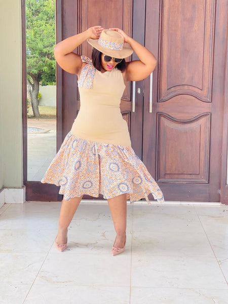 D17.1 - Fit & Flare with Asymmetric skirt (Mustard-marigold Bodice & Shweshwe print skirt)