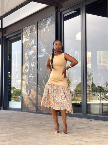 D17.1 - Fit & Flare with Asymmetric skirt (Mustard-marigold Bodice & Shweshwe print skirt)