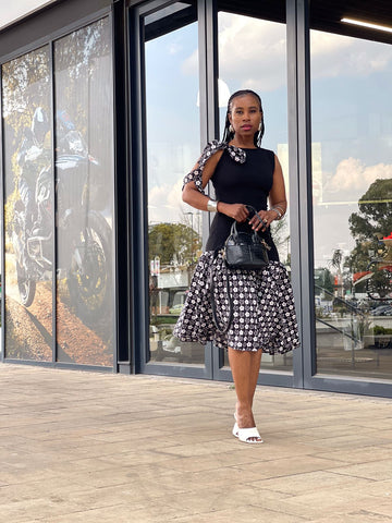 D17.2 - Fit & Flare with Asymmetric skirt (Black bodice with Black & white African print skirt)