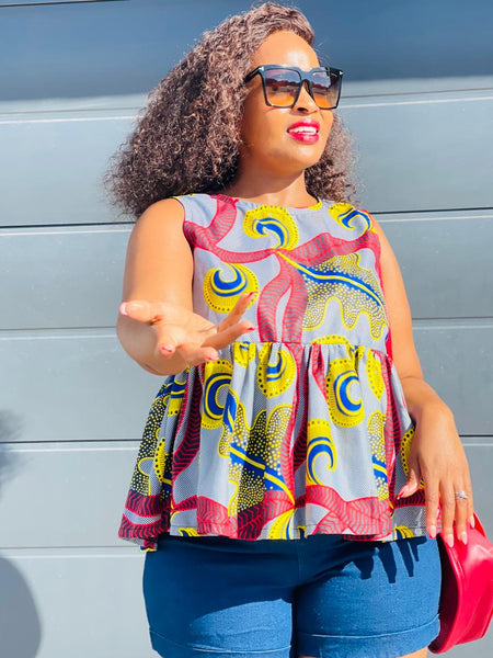 T13.1 Empire Waist Peplum Top - Multicolored African Print