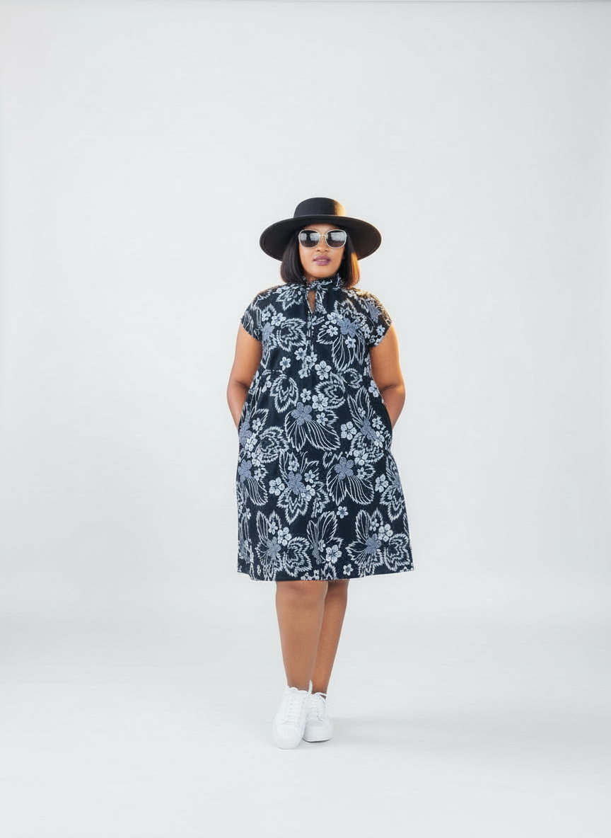 D15.2 - Ruffled Shift Dress with Mandarin Collar (Black & white print)