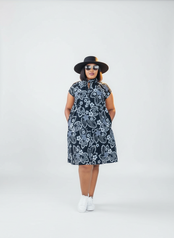 D15.2 - Ruffled Shift Dress with Mandarin Collar (Black & white print)