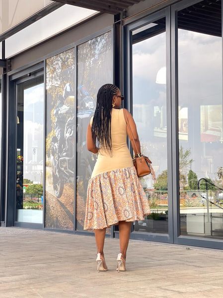 D17.1 - Fit & Flare with Asymmetric skirt (Mustard-marigold Bodice & Shweshwe print skirt)