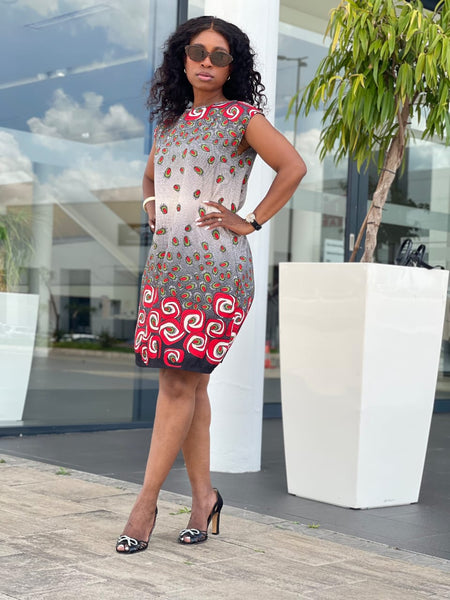 D18.1 - Sleeveless Shift Dress - Red teardrop motifs