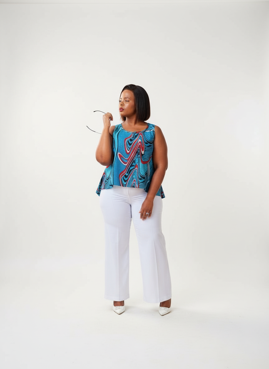 T15.2 High-Low Sleeveless Tank Top- Swirling abstract print in vibrant blue, red, and white tones