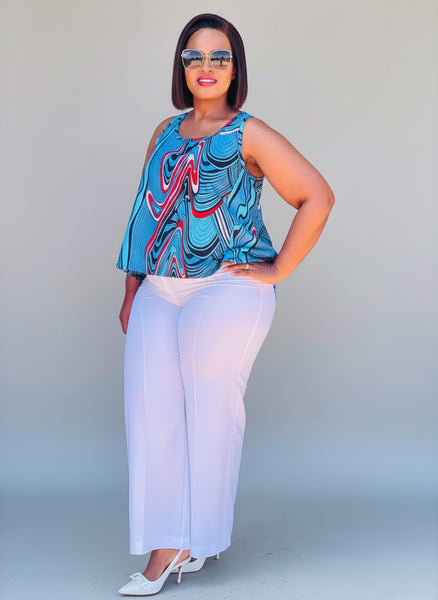 T15.2 High-Low Sleeveless Tank Top- Swirling abstract print in vibrant blue, red, and white tones