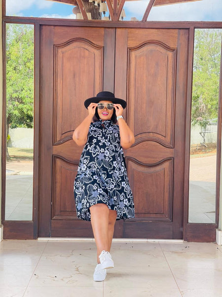 D15.2 - Ruffled Shift Dress with Mandarin Collar (Black & white print)