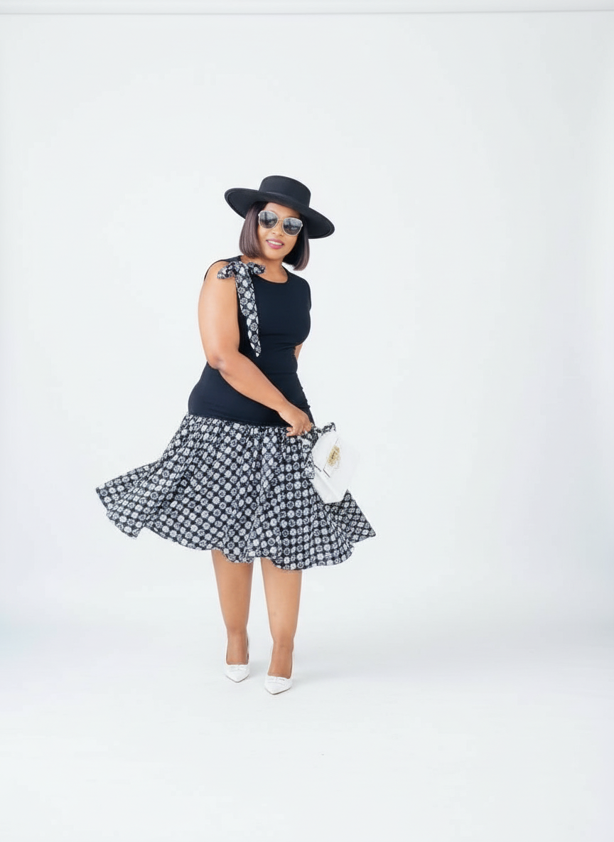 D17.2 - Fit & Flare with Asymmetric skirt (Black bodice with Black & white African print skirt)