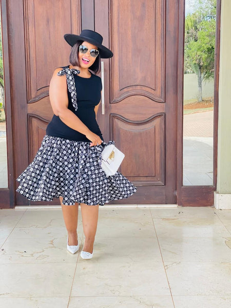 D17.2 - Fit & Flare with Asymmetric skirt (Black bodice with Black & white African print skirt)