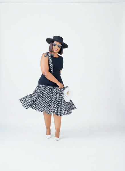 D17.2 - Fit & Flare with Asymmetric skirt (Black bodice with Black & white African print skirt)