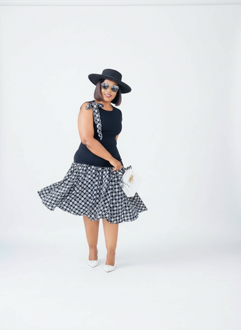 D17.2 - Fit & Flare with Asymmetric skirt (Black bodice with Black & white African print skirt)
