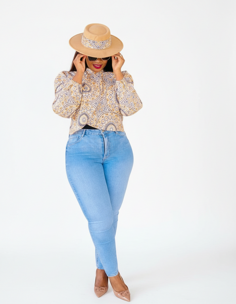 T14.1 Cross Over Long Sleeve Blouse - Shweshwe Print