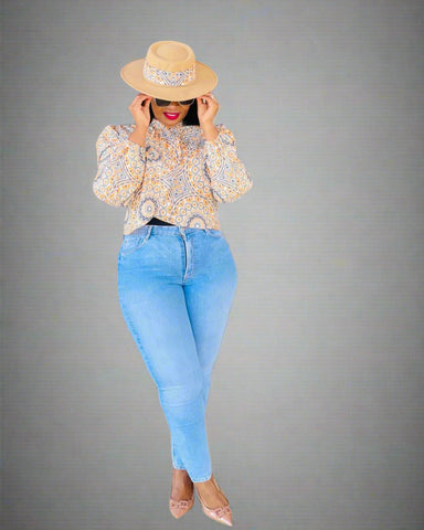 T14.1 Cross Over Long Sleeve Blouse - Shweshwe Print