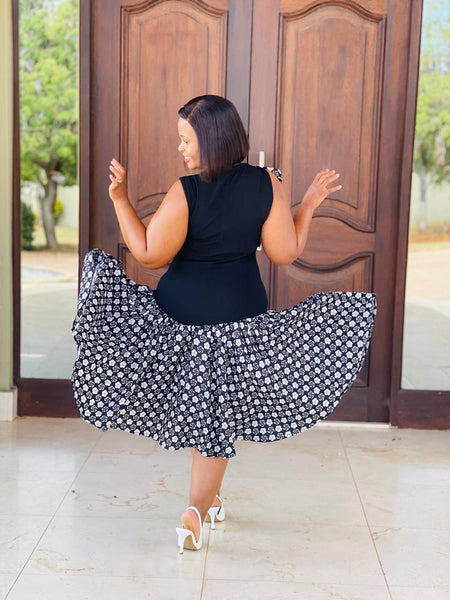 D17.2 - Fit & Flare with Asymmetric skirt (Black bodice with Black & white African print skirt)