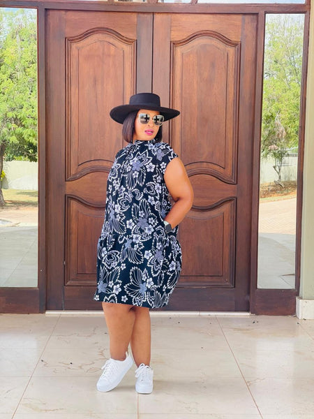 D15.2 - Ruffled Shift Dress with Mandarin Collar (Black & white print)