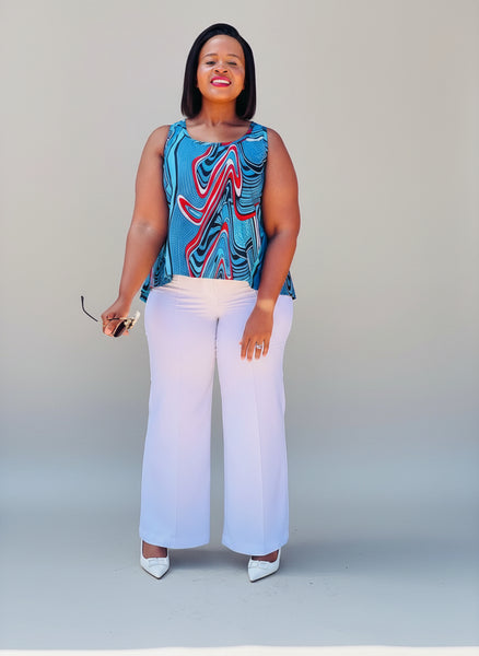 T15.2 High-Low Sleeveless Tank Top- Swirling abstract print in vibrant blue, red, and white tones