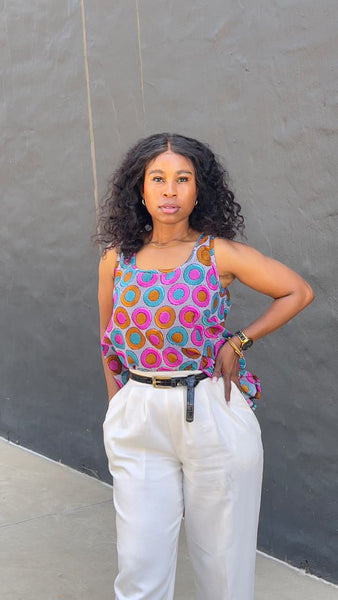 T15.1 High-Low Sleeveless Tank Top- Multicolor Circular Print